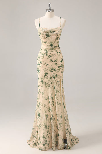 Vestido de dama de honor sirena de flor de champán con abertura